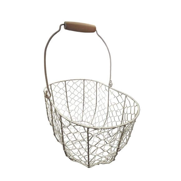 White Wire Mesh Basket With Wooden Handle Decorative Storage Home Organizer Farm - Picture 3 of 14